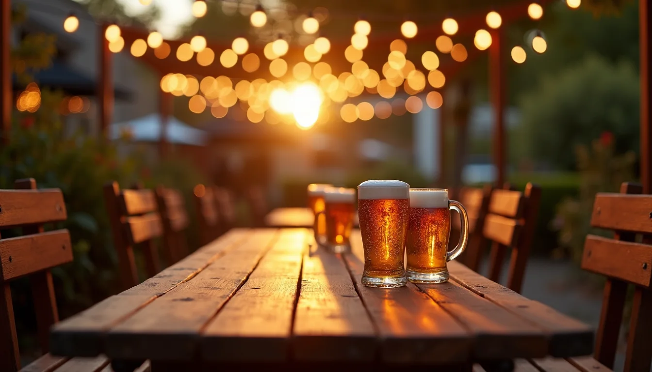 table de terrasse à bière, chopes vides et guirlandes dorées a Bordeaux