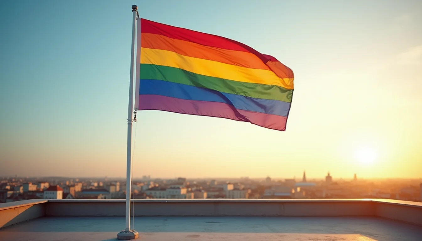 grand drapeau arc-en-ciel flottant sur un toit dans le ciel matinal a Bordeaux