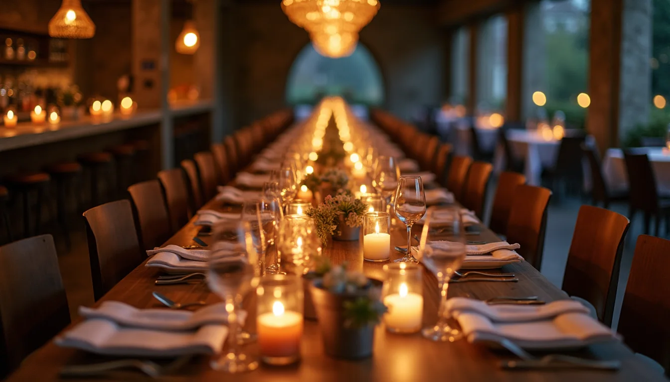 longue table partagée dressée de plats en céramique et carafes, lueur de bougie a Bordeaux