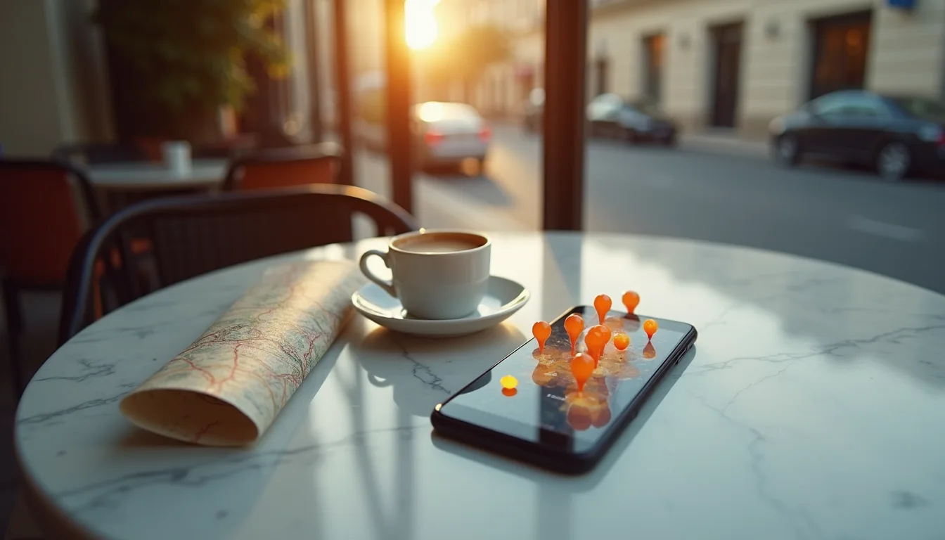 smartphone aux épingles de carte sur une table de café ensoleillée a Bordeaux