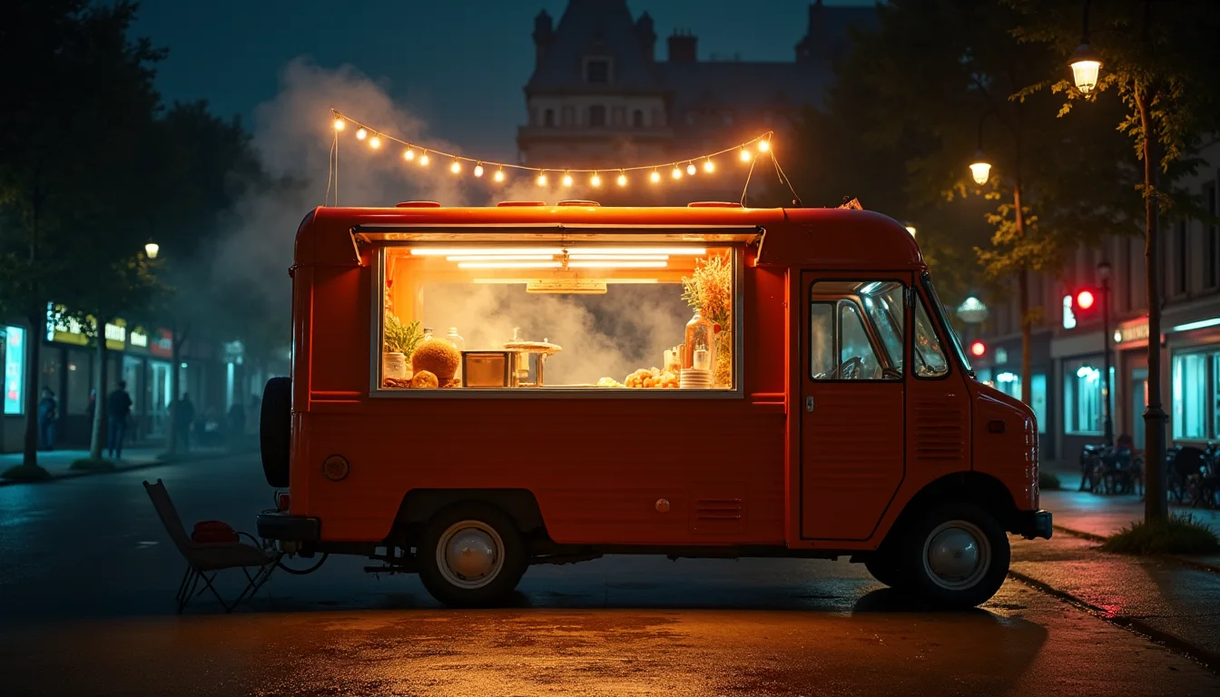 food truck la nuit, écoutille chaude et ampoules suspendues a Bordeaux