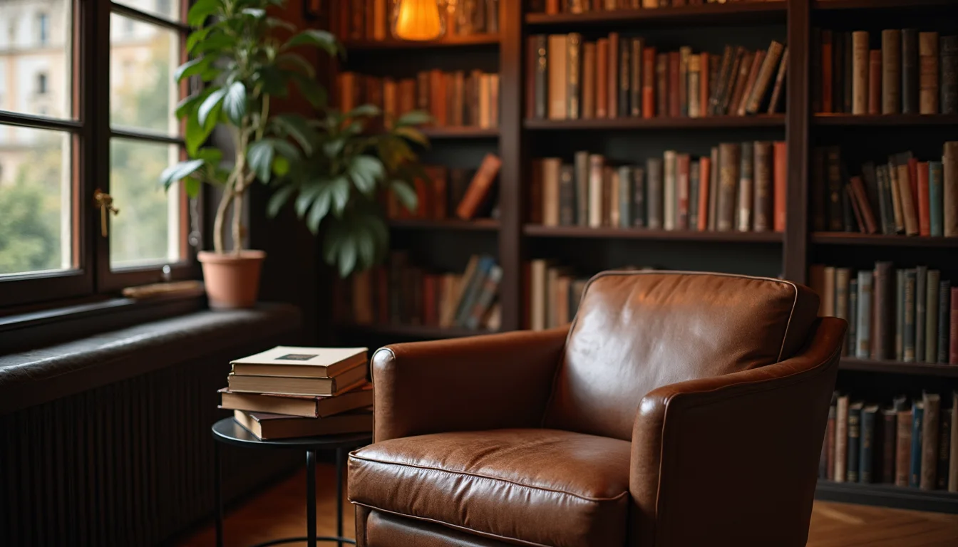 coin lecture de bibliothèque, fauteuil en cuir et pile de livres a Bordeaux