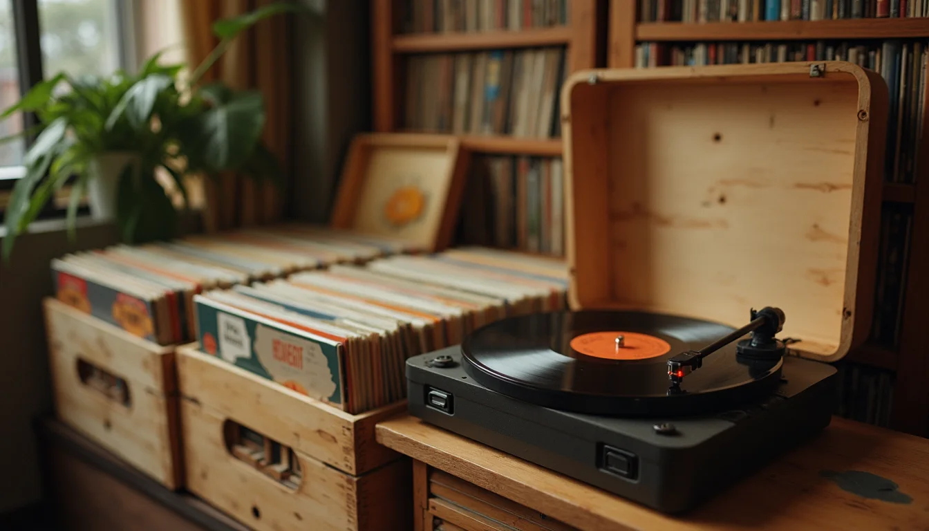 bacs de disques en bois et platine, lumière chaude sur les pochettes a Bordeaux