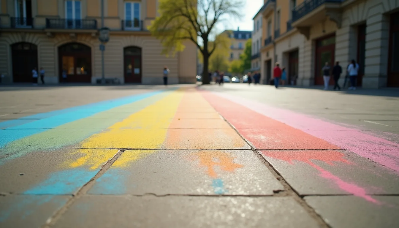 dessins a la craie arc-en-ciel sur le pave d'une place publique a Bordeaux