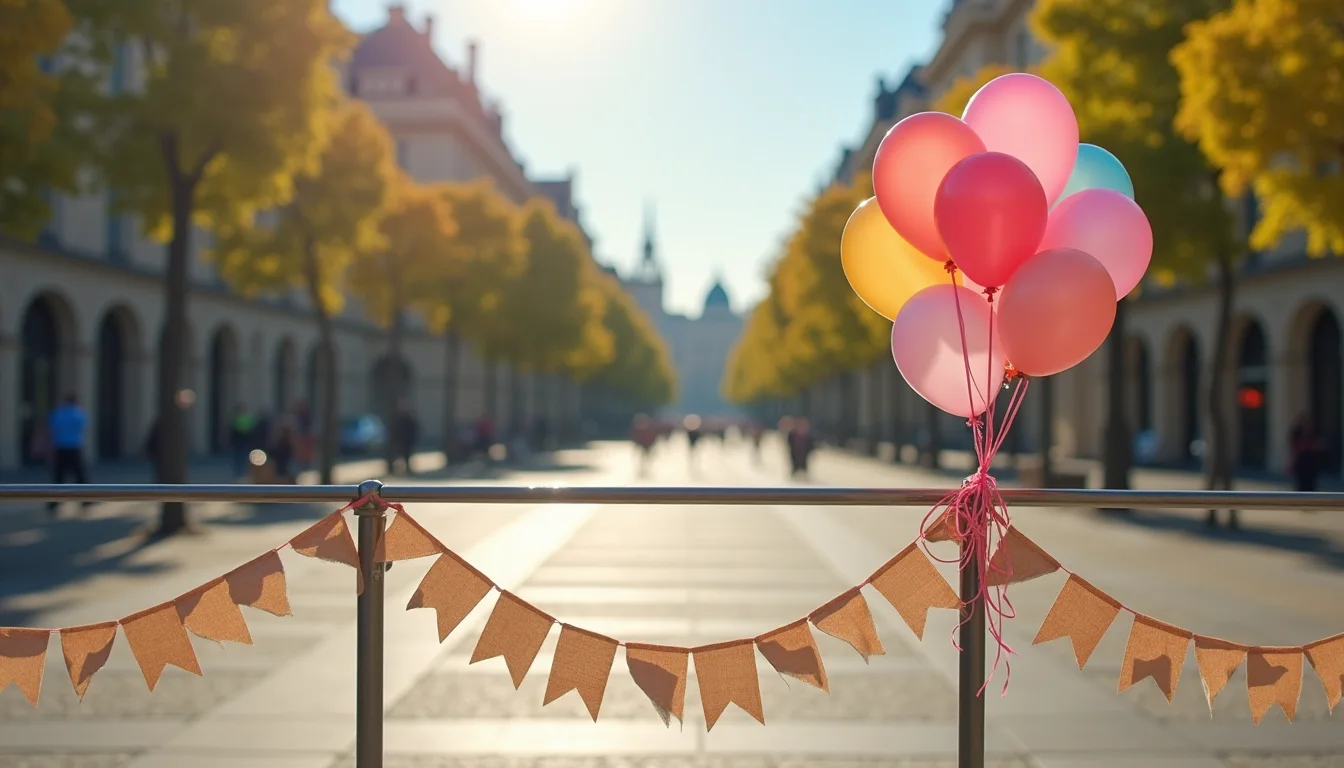ballons et guirlande de papier sur une barrière de fête ensoleillée a Bordeaux