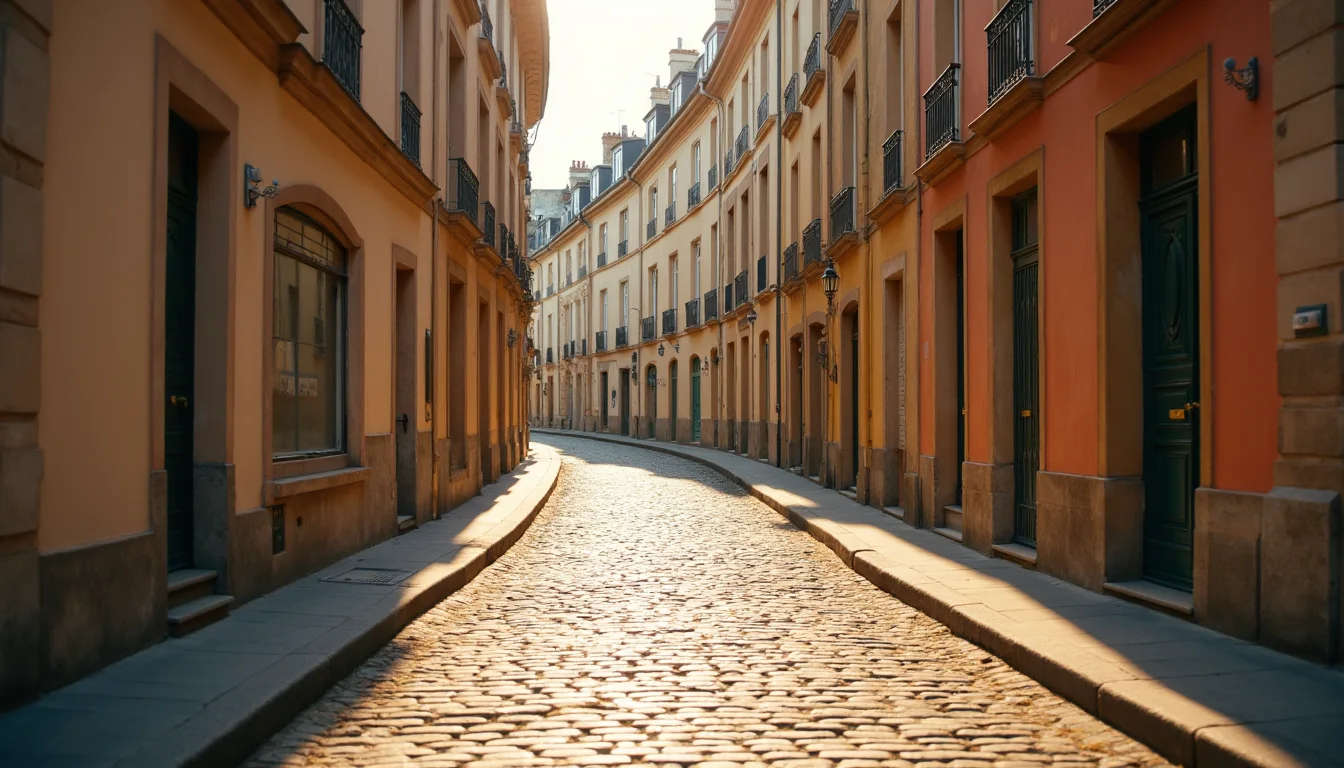 rue paveee bordee de facades pastel, lumiere doree du soir a Bordeaux