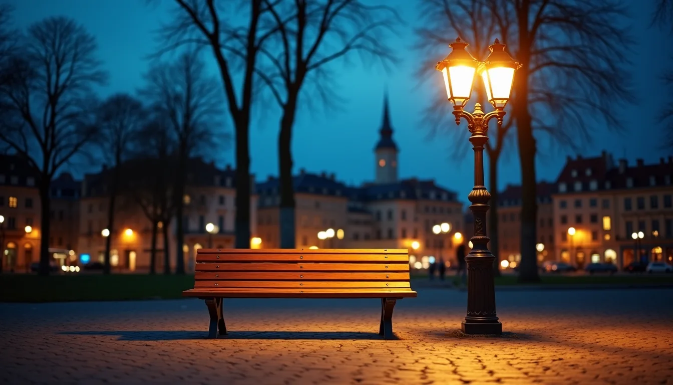 banc de parc vide sous un lampadaire de place à l'heure bleue a Bordeaux