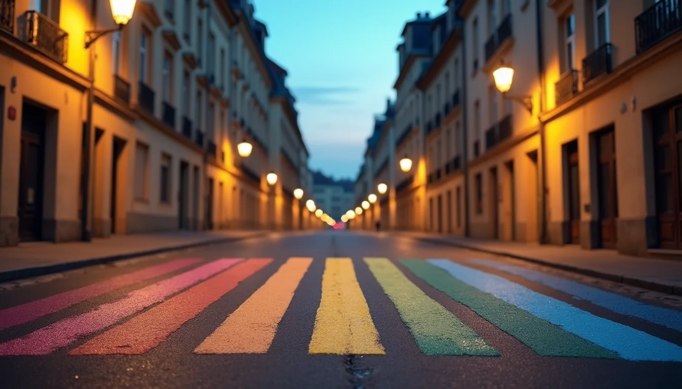 passage piéton arc-en-ciel sur une rue de vieille ville au crépuscule a Bordeaux