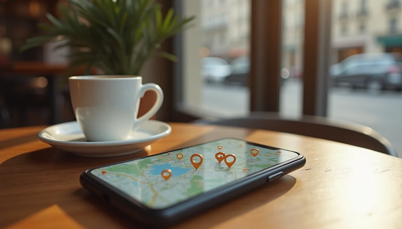 smartphone avec épingles de carte près d'un espresso sur une table de café a Bordeaux