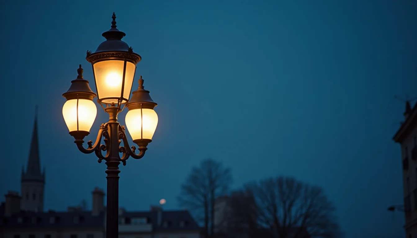 reverbere en fonte aux globes givres, allume au crepuscule a Bordeaux