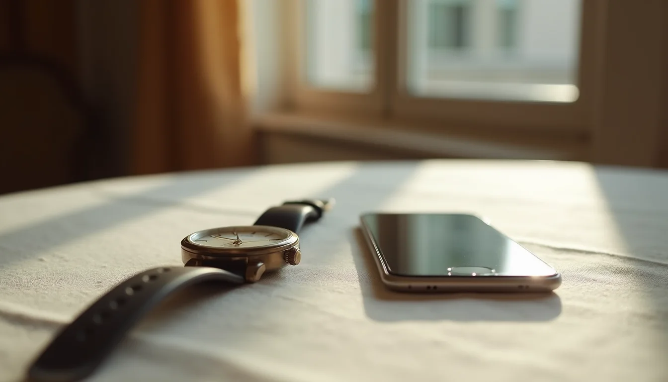 montre classique et téléphone moderne côte à côte sur du lin a Bordeaux