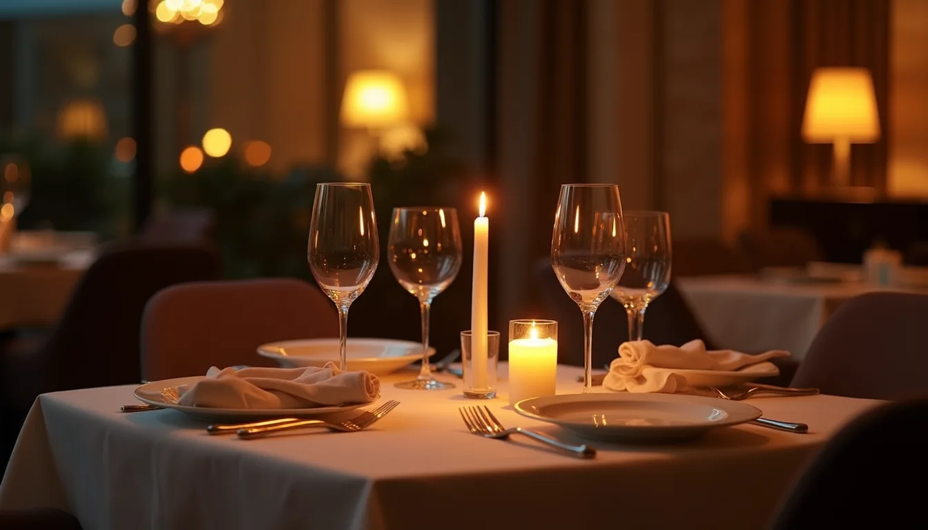 table de dîner aux chandelles dressée pour deux, lumière chaude du soir a Bordeaux