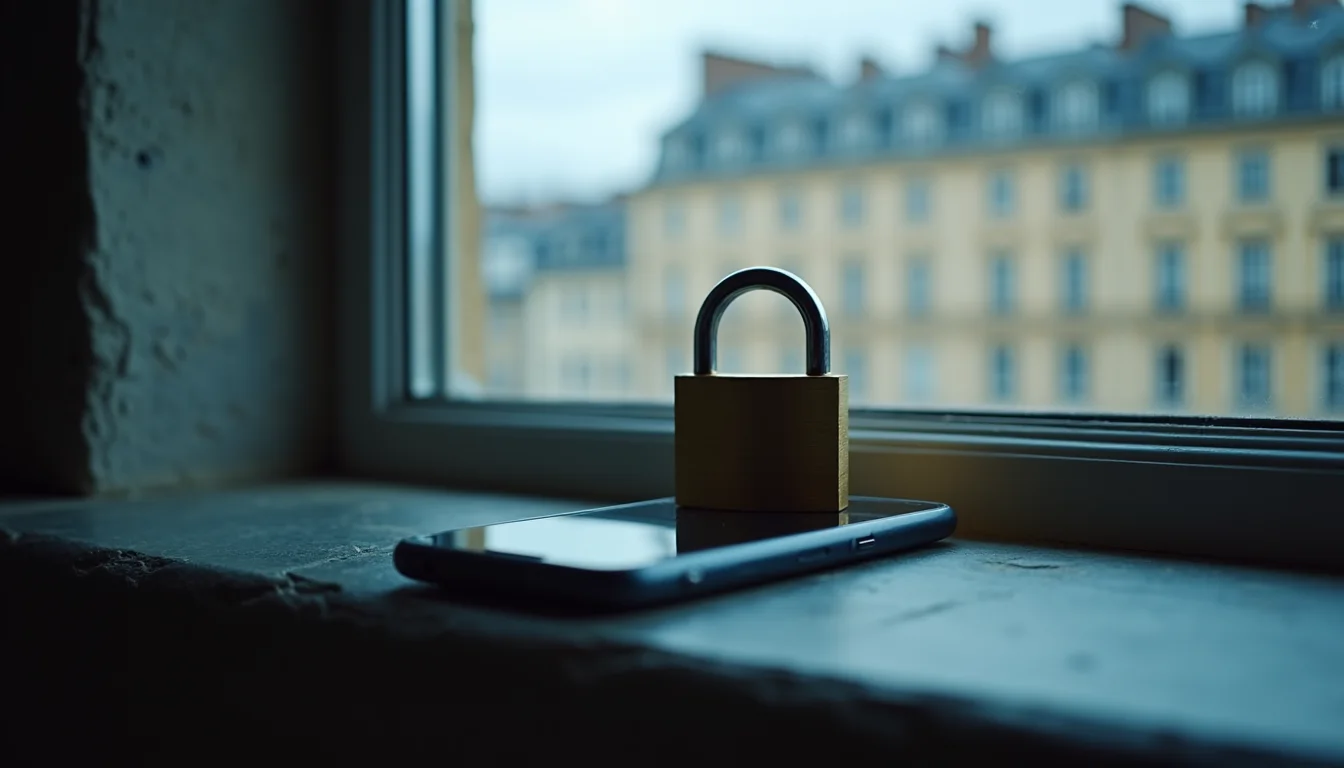 cadenas en laiton posé sur un smartphone, lumière bleue du matin a Bordeaux