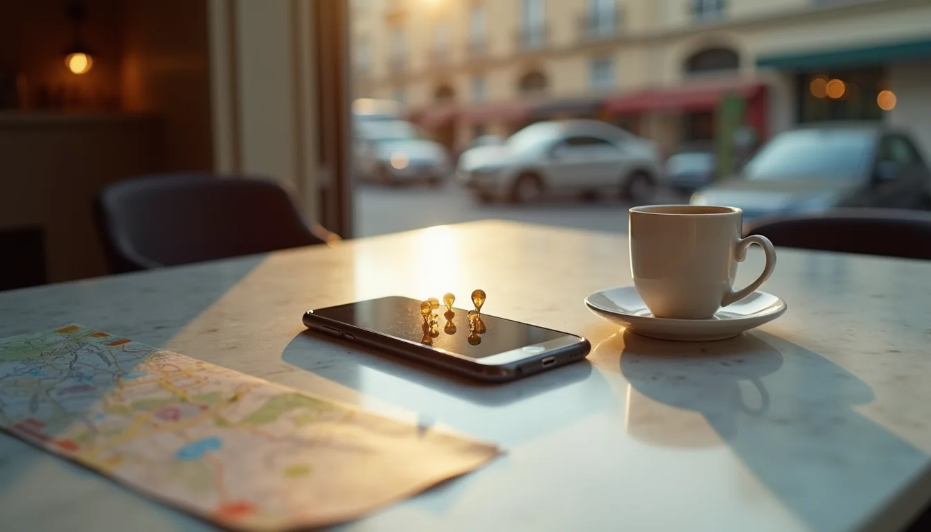 smartphone aux épingles de carte sur une table de café ensoleillée a Bordeaux