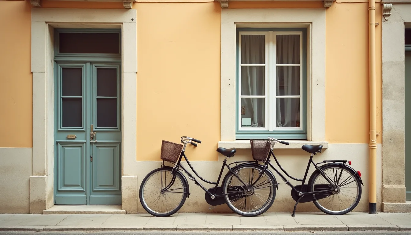 deux vélos vintage appuyés ensemble contre un mur de maison pastel a Bordeaux