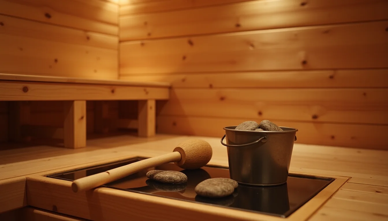 intérieur de sauna en cèdre, louche en bois posée sur un seau près des pierres a Bordeaux
