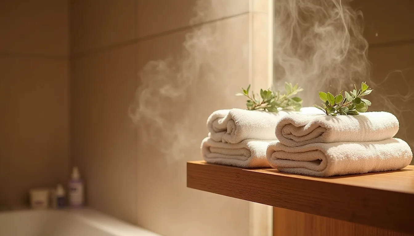 serviettes de spa empilées, eucalyptus et deux peignoirs sur une étagère a Bordeaux
