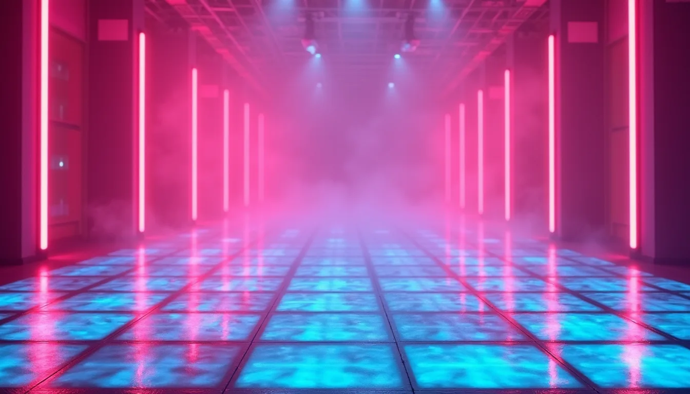 piste de danse au néon, carrés réfléchissants magenta et cyan a Bordeaux