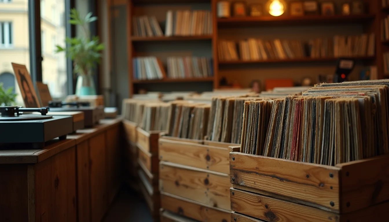 bacs de disques en bois et platine, lumière chaude sur les pochettes a Bordeaux