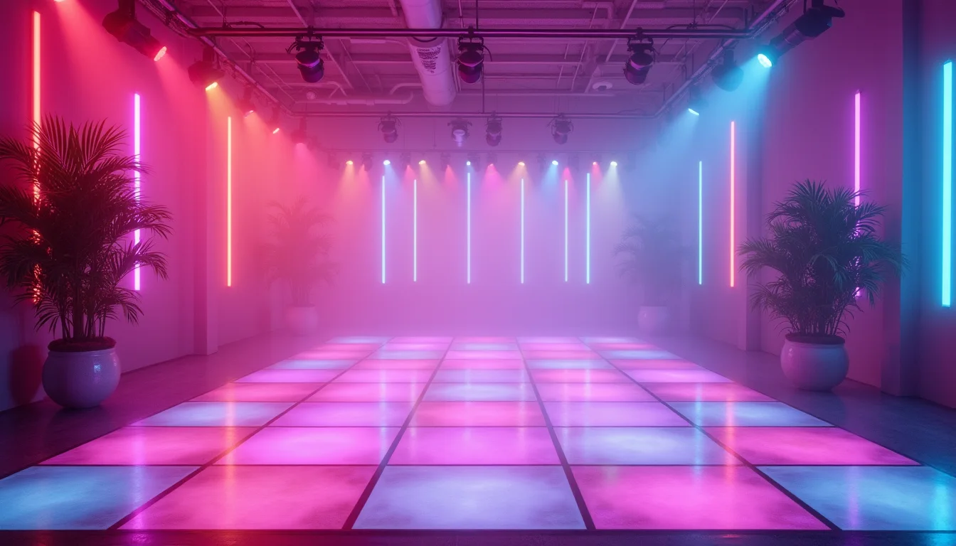 piste de danse au néon, carrés réfléchissants magenta et cyan a Bordeaux